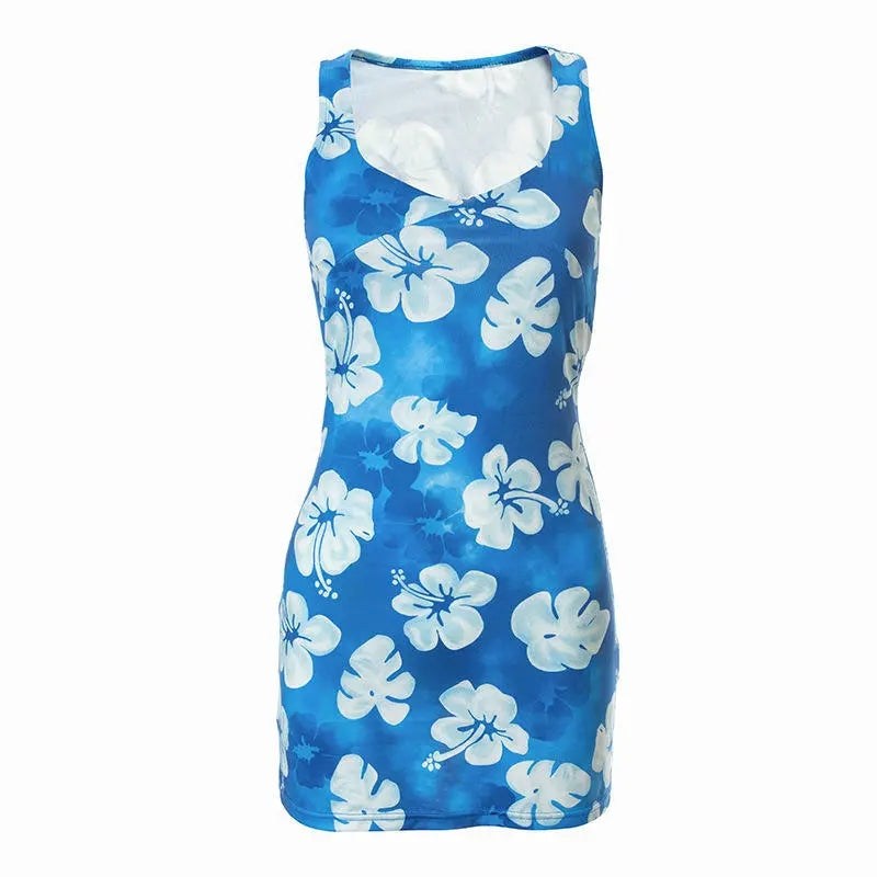 Blue Hibiscus Print Mini Dress