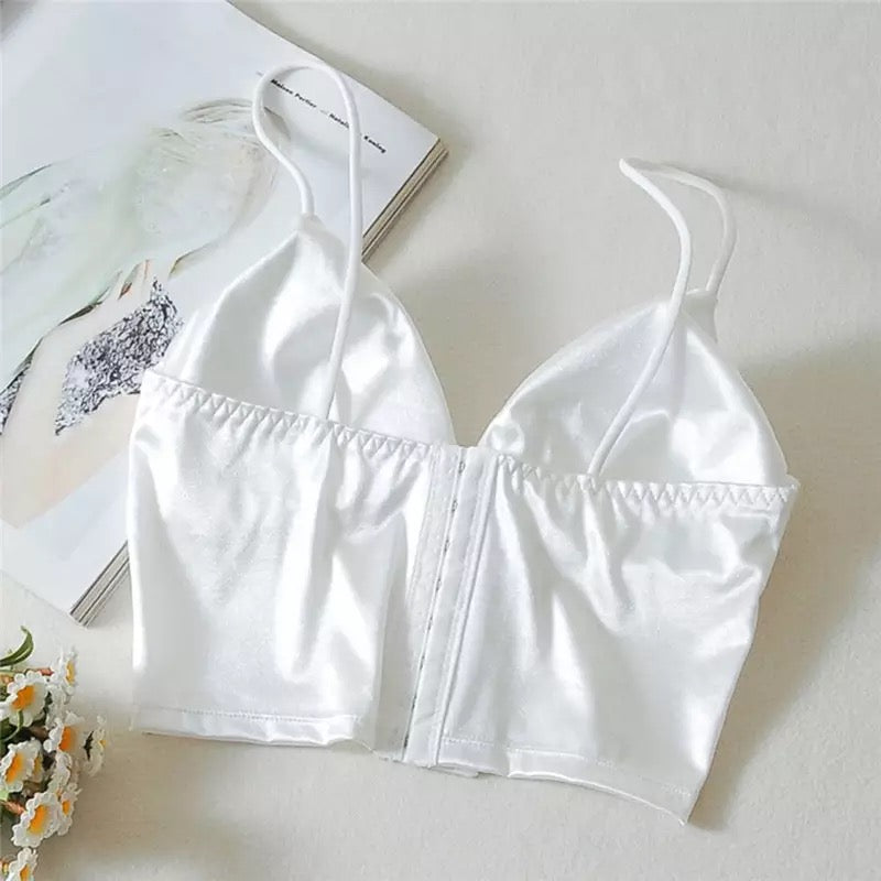 Cute Black White Shiny Silk Crop Top Sleeveless Shirt Tank Spaghetti Strap Blouse Summer Club Party E-Girl Kawaii Korean Japanese Harajuku Streetwear