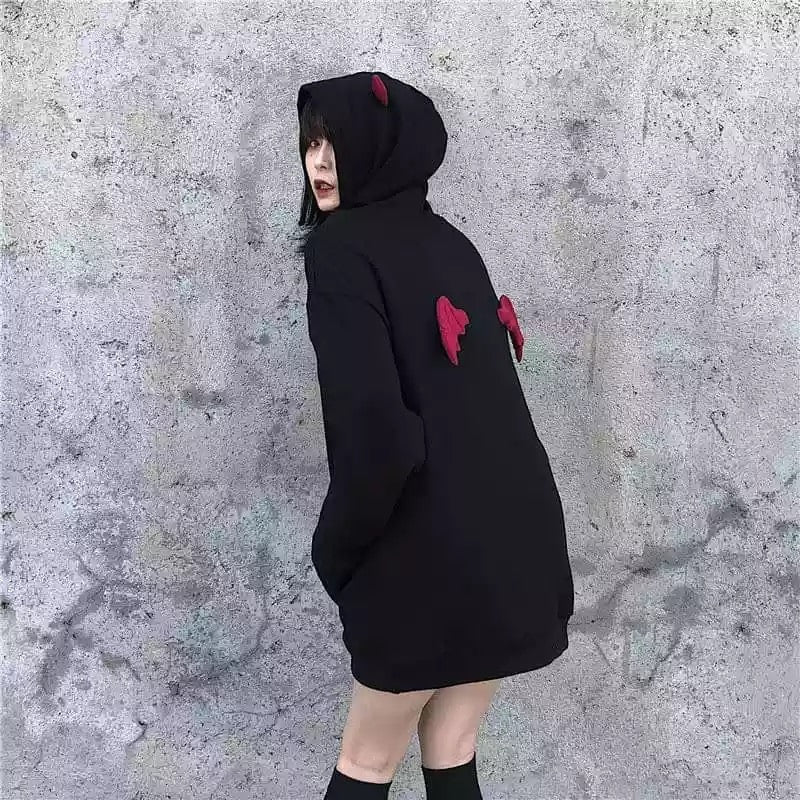 Cute Black Demon Wing Devil Horns Oversized Hoodie Long Sleeve Shirt Sweater Sweatshirt Punk Goth E-Girl Kawaii Korean Japanese Harajuku Streetwear