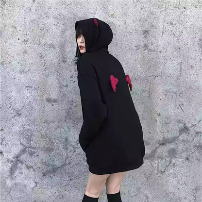 Cute Black Demon Wing Devil Horns Oversized Hoodie Long Sleeve Shirt Sweater Sweatshirt Punk Goth E-Girl Kawaii Korean Japanese Harajuku Streetwear