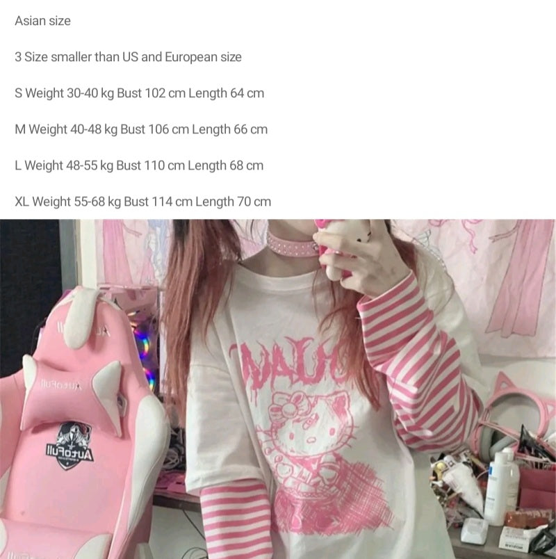 Cat Anime Print Loose Stripe Long Sleeve T-shirt