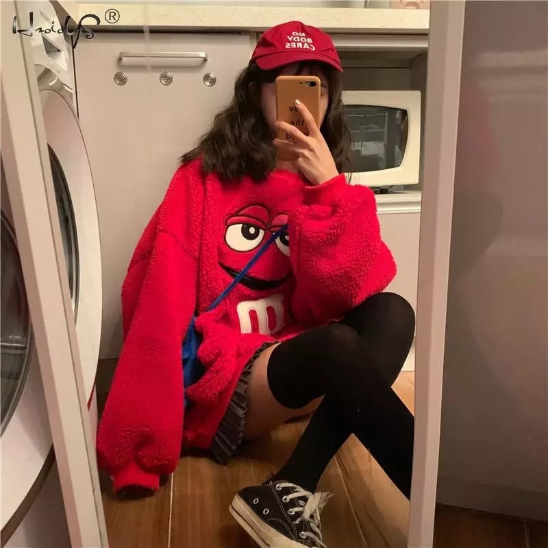 Cute Chocolate M Funny Cartoon Plush Oversize Long Sleeve Shirt Hoodie Pullover Sweatshirt Aesthetic Casual E-Girl Kawaii Korean Japanese Harajuku