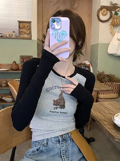 Rabbit Graphic Print Patchwork Long Sleeve Shirt