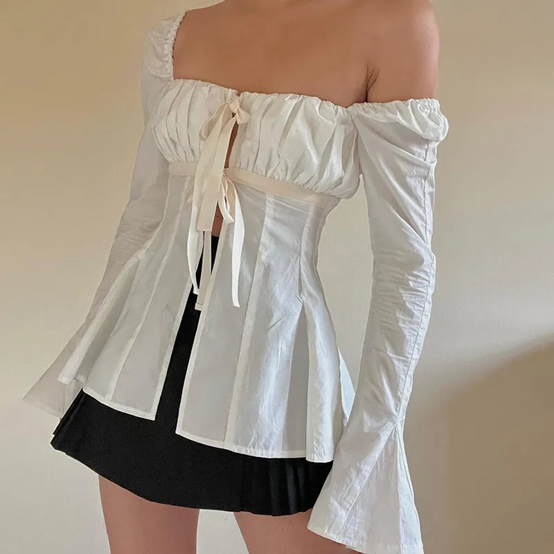 Square Collar Lace Up Flare Sleeve Shirt