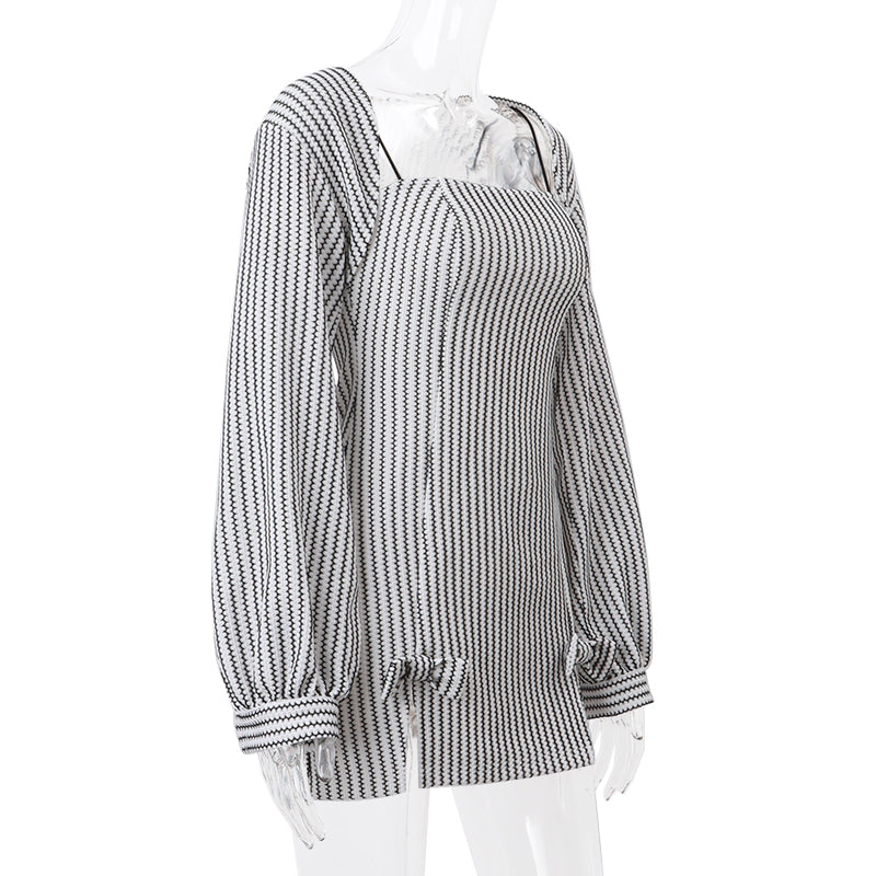 2PCS Vertical Stripe Slip Dress + Jacket