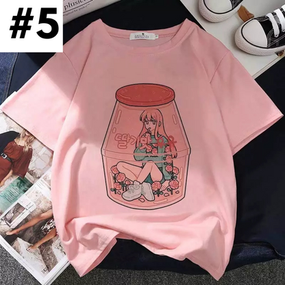 Cute Pastel Pink Strawberry Peach Juice Cartoon Print Loose Short Sleeve Shirt Aesthetic Casual E-Girl Kawaii Korean Japanese Harajuku