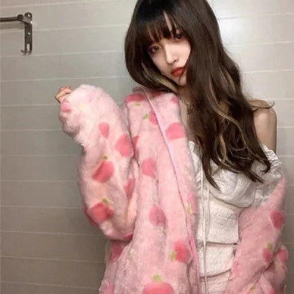Cute Sweet Pink Peach Plush Oversized Thick Warm Jacket Zipper Hoodie Sweater Winter Autumn Aesthetic Casual E-Girl Kawaii Korean Japanese Harajuku