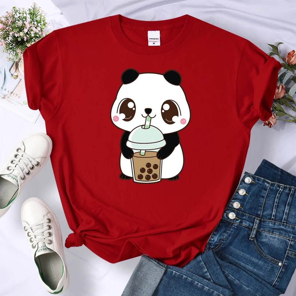 Cute Panda Bear Boba Bubble Milk Tea Graphic Cartoon Print Loose Short Sleeve T-shirt Aesthetic Casual Summer E-Girl Kawaii Korean Japanese Harajuku