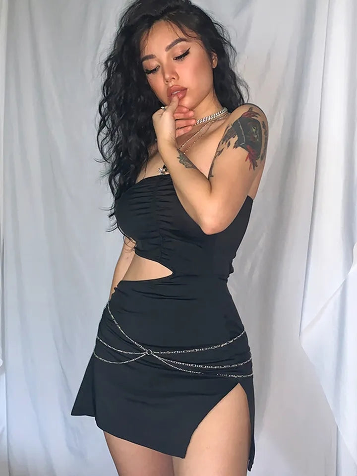 Black Strapless Chain Cut Out Split Mini Dress