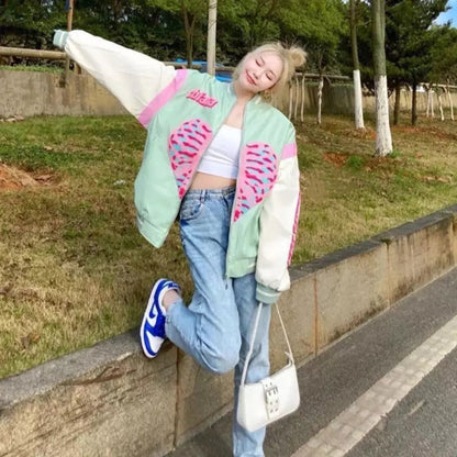 Retro Vintage Pastel Heart Ribs Print Oversized Long Sleeve Zipper Hoodie Sweatshirt Aesthetic Casual E-Girl Kawaii Korean Japanese Harajuku