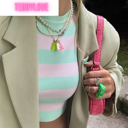 Cute Vintage Mint Green Pastel Stripe Knit Crop Top Sleeveless Tank Aesthetic Casual Summer E-Girl Kawaii Korean Japanese Haraju
