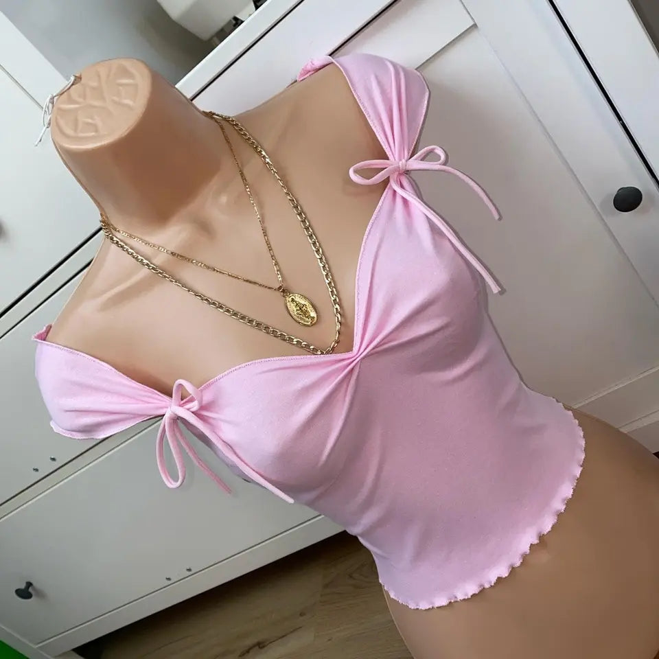 Pink Bow Square Neck Ruched Crop Top