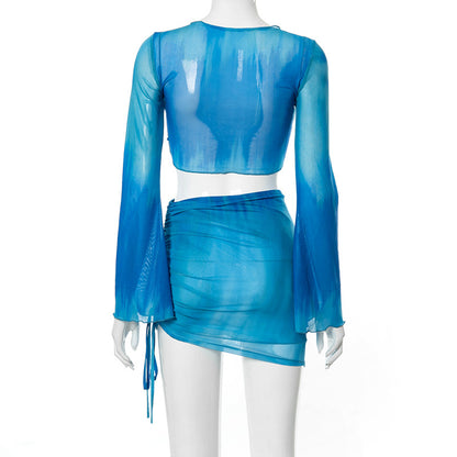 2PCS Tie Dye V Neck Mesh Top + Mini Skirt