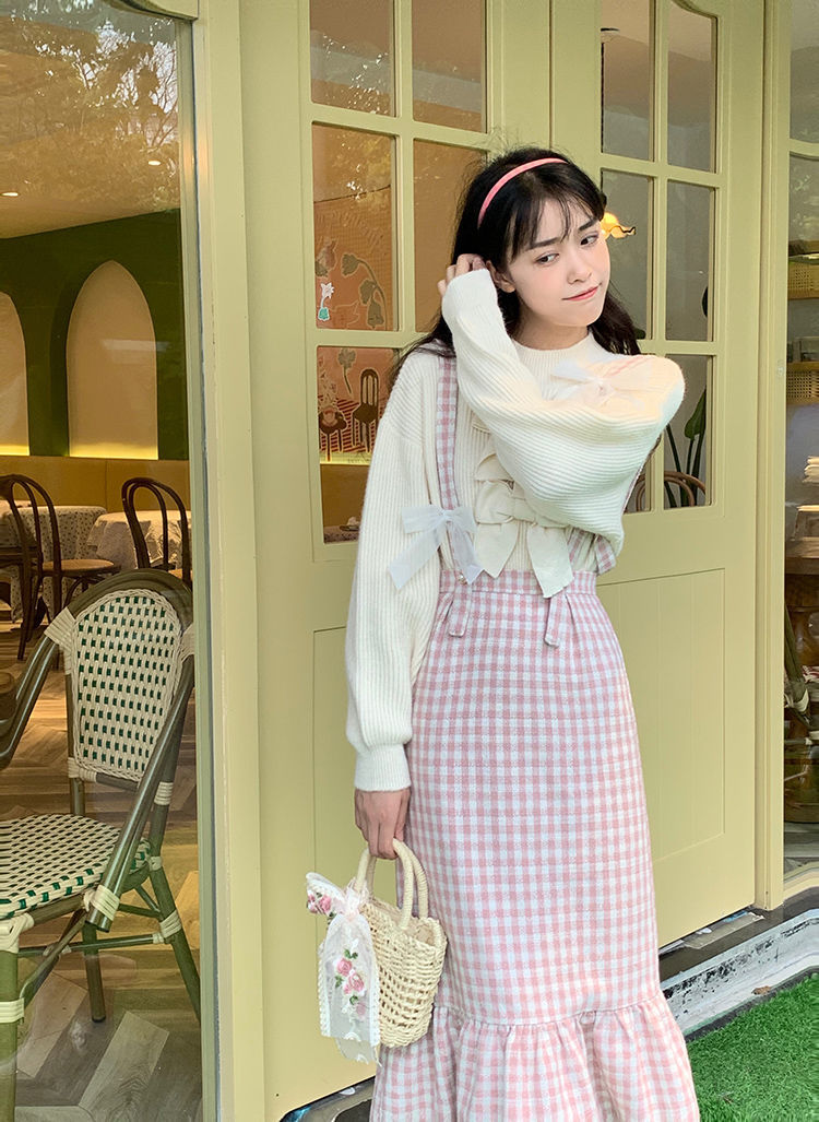 Pink Plaid High Waist Long Skirt