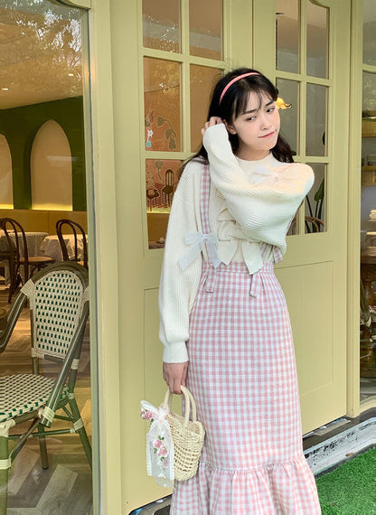 Pink Plaid High Waist Long Skirt