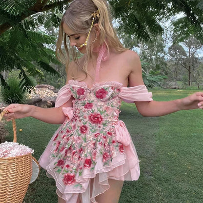 Pink Rose Lace Up Mini Dress