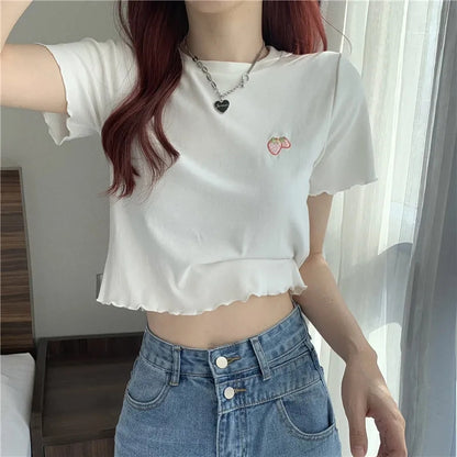 Strawberry Embroidery Ruffle Short Sleeve Shirt