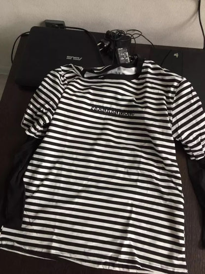 Cute Casual Letter Stripe Patchwork Long Sleeve Tee Shirt T-shirt Top Spring Summer O-neck E-Girl Kawaii Korean Japanese Harajuku Retro Streetwear