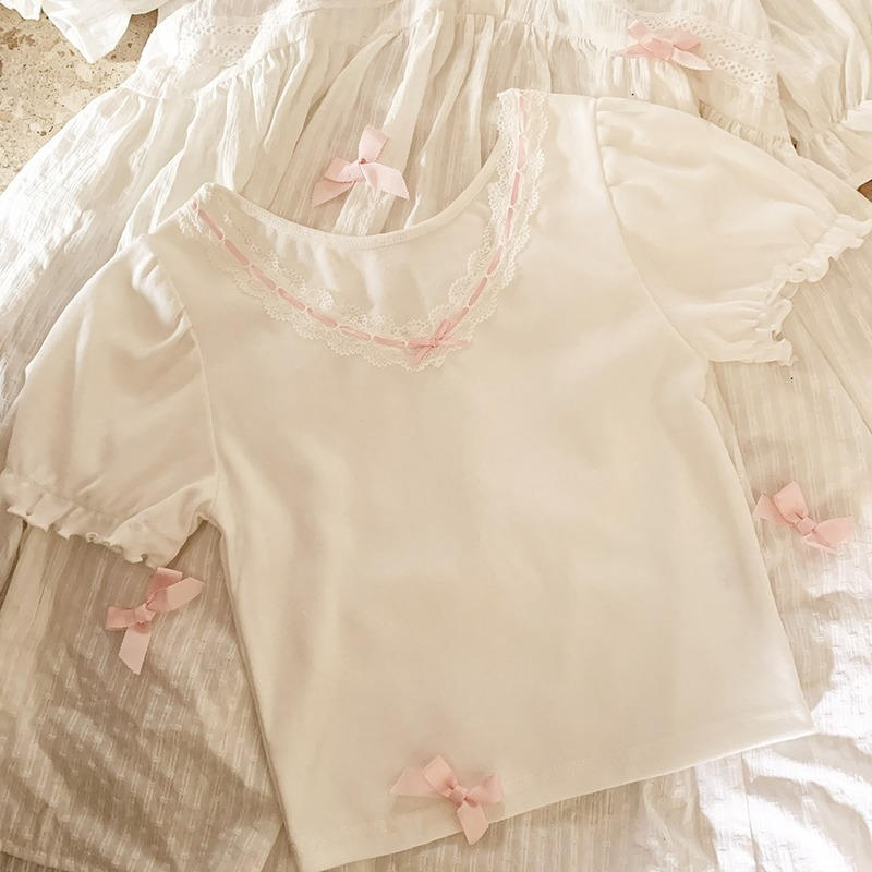 Lace Trim Bow V Neck Puff Short Sleeve Shirt