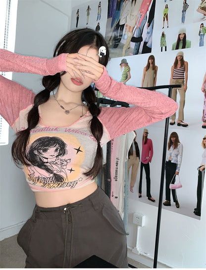 Anime Print Square Neck Long Sleeve Shirt