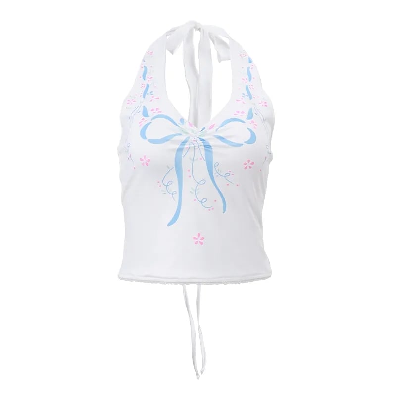 Bow Backless V Neck Halter Top