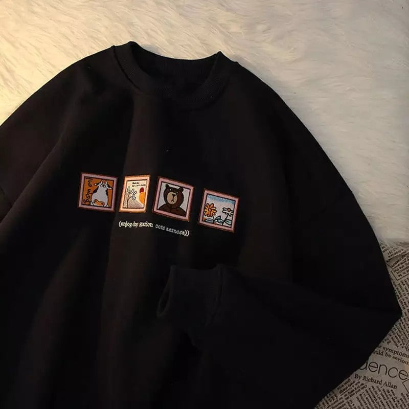 Cute Picture Frame Embroidery Velvet Thick Round Neck Sweatshirt Oversize Hoodie Pullover Sweater E-Girl Kawaii Korean Japanese Harajuku Streetwear