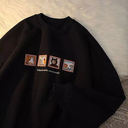 Cute Picture Frame Embroidery Velvet Thick Round Neck Sweatshirt Oversize Hoodie Pullover Sweater E-Girl Kawaii Korean Japanese Harajuku Streetwear