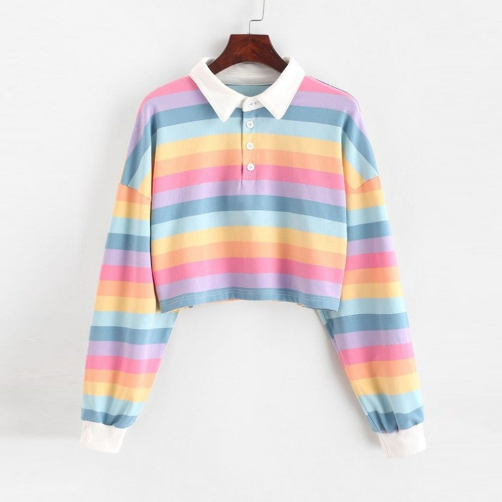 Cute 90s Rainbow Butron Crop Top Sweatshirt Sweater Oversized Hoodies Long Sleeve Shirt Top E-Girl Kawaii Korean Japanese Harajuku Retro Streetwear
