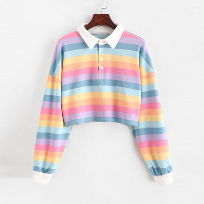Cute 90s Rainbow Butron Crop Top Sweatshirt Sweater Oversized Hoodies Long Sleeve Shirt Top E-Girl Kawaii Korean Japanese Harajuku Retro Streetwear