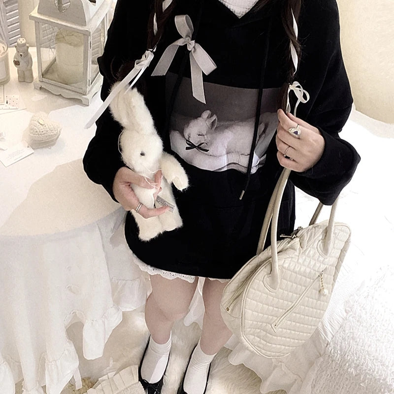 Black Rabbit Bow Loose Hoodie