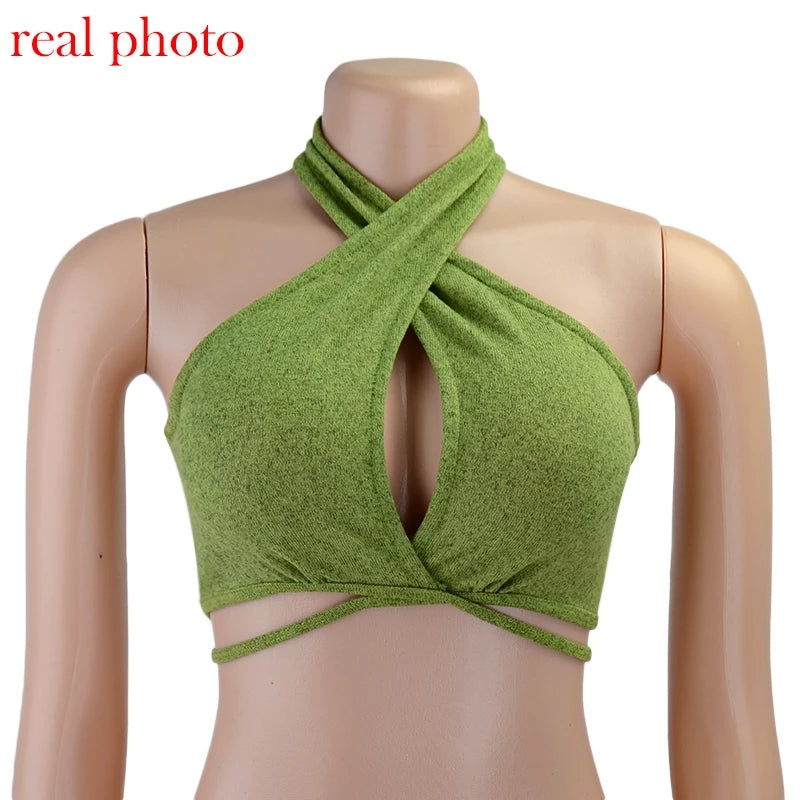 Cute Sexy Chic Green Bandage Halter Crop Top Sleeveless Shirt Party Club Aesthetic Casual Summer E-Girl Kawaii Korean Japanese Haraju