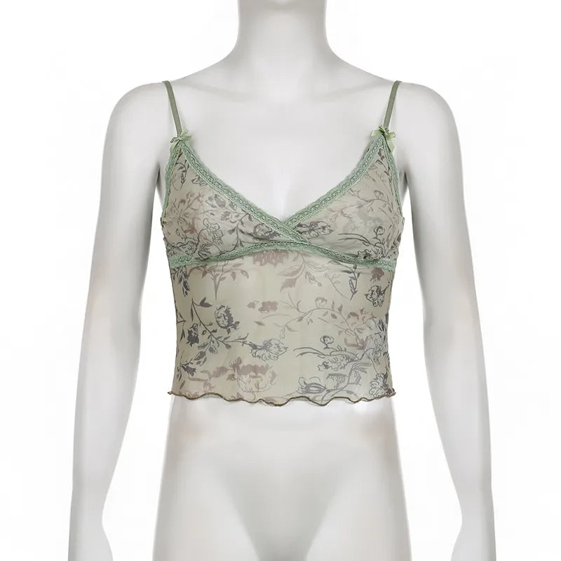 Floral Print Lace Trim Mesh Crop Top