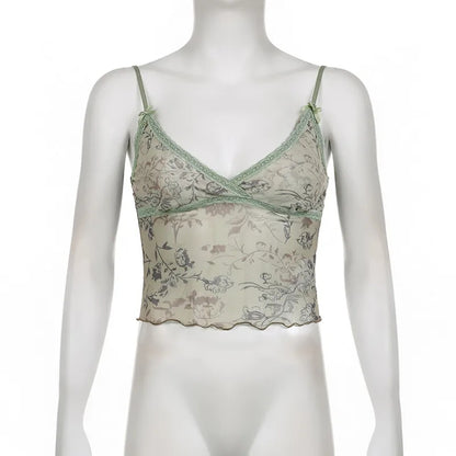 Floral Print Lace Trim Mesh Crop Top