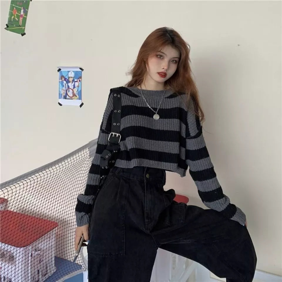 Black & Grey Striped Cropped Long Sleeve Sweater