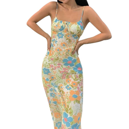 Floral Square Collar Long Bodycon Dress