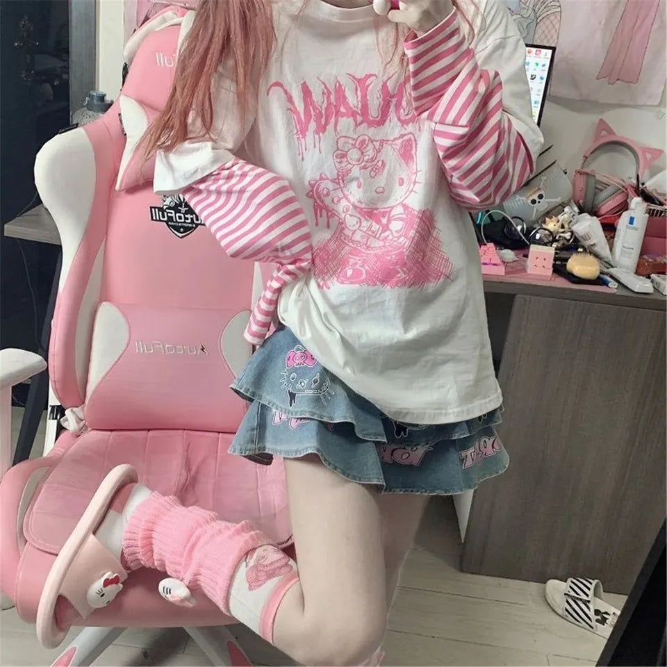Cat Anime Print Loose Stripe Long Sleeve T-shirt