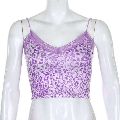 Cute Sexy Pink Patchwork Lace Leopard Party Club Crop Top Shirt Tee T-shirt E-Girl Kawaii Korean Japanese Harajuku Chinese Retro Streetwear Aesthetic