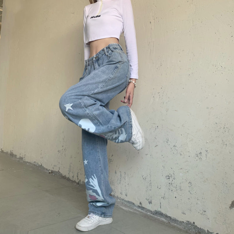 Blue Skull Print Denim Straight Leg Jeans