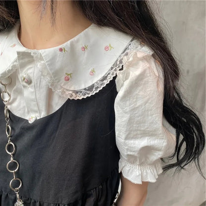 White Preppy Flower Embroidery Short Sleeve Blouse