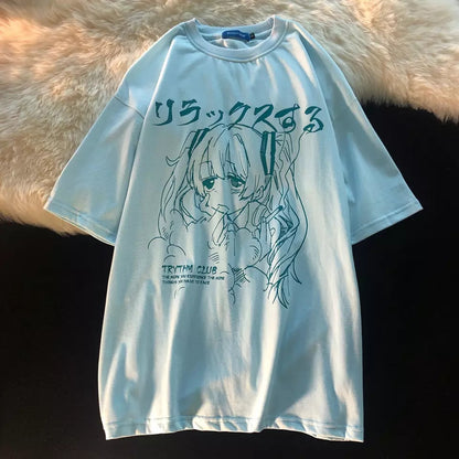 Cute Sad Anime Girl Cartoon Print Short Sleeve T-shirt Loose Punk Goth Aesthetic Casual Summer E-Girl Kawaii Korean Japanese Harajuku