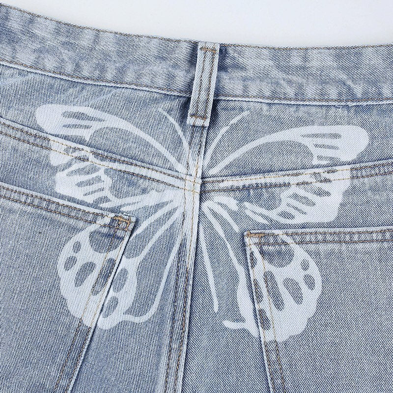 Cute 90s Buttery Print Casual Baggy Straight High Waist Mom Blue Denim Jean Bottom Pant Aesthetic E-Girl Kawaii Korean Japanese Harajuku Streetwear