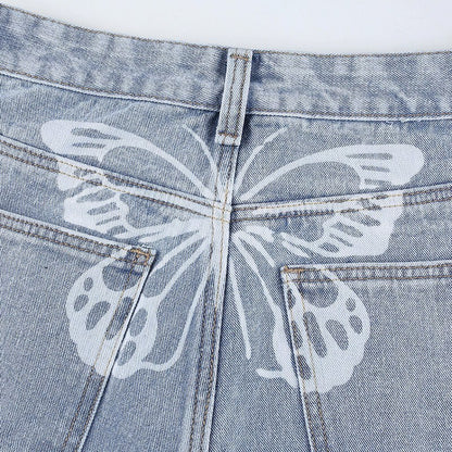 Cute 90s Buttery Print Casual Baggy Straight High Waist Mom Blue Denim Jean Bottom Pant Aesthetic E-Girl Kawaii Korean Japanese Harajuku Streetwear