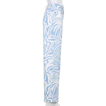 Blue & White Zebra Print High Waist Pants