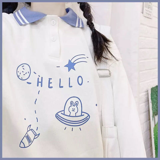 Cute Bunny Rabbit Spaceship Cartoon Print Button Down Long Sleeve Shirt T-shirt Top Summer Casual E-Girl Kawaii Korean Japanese Harajuku Streetwear