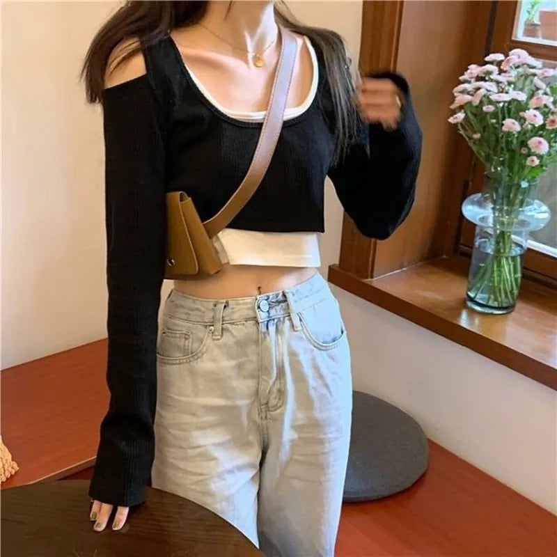 Cute Sexy 2pcs Off Shoulder Hollow Out Crop Top Long Sleeve T-shirt Vintage Punk Goth Aesthetic Casual Summer E-Girl Kawaii Korean Japanese Harajuku