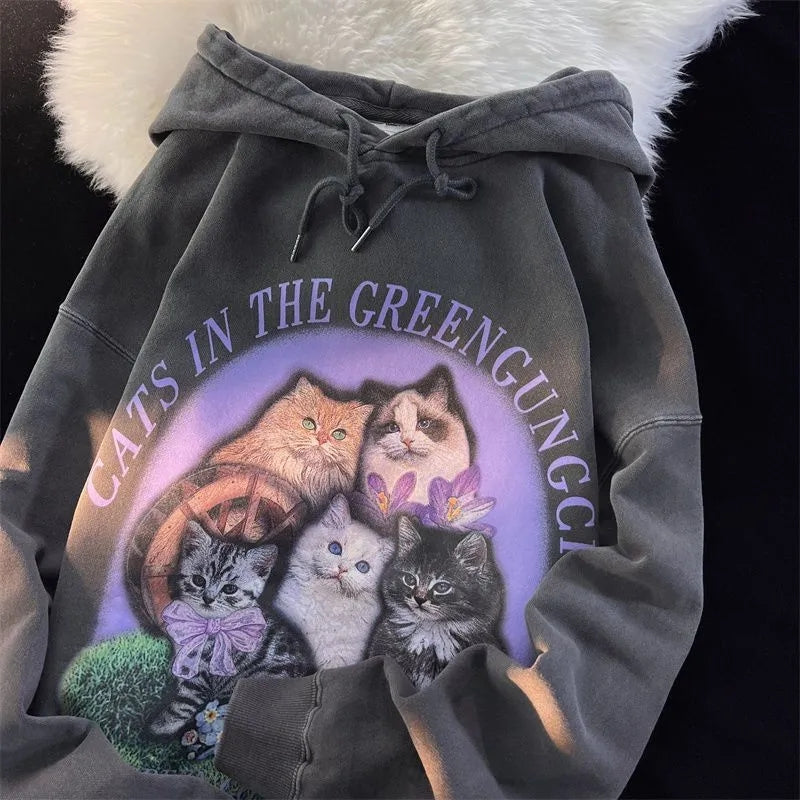 Purple Flower Kitten Print Oversized Hoodie