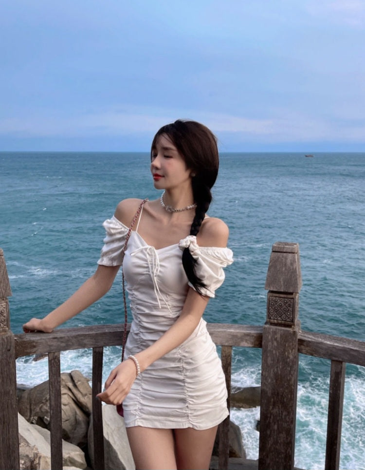 White Puff Sleeve Drawstring Ruched Mini Dress