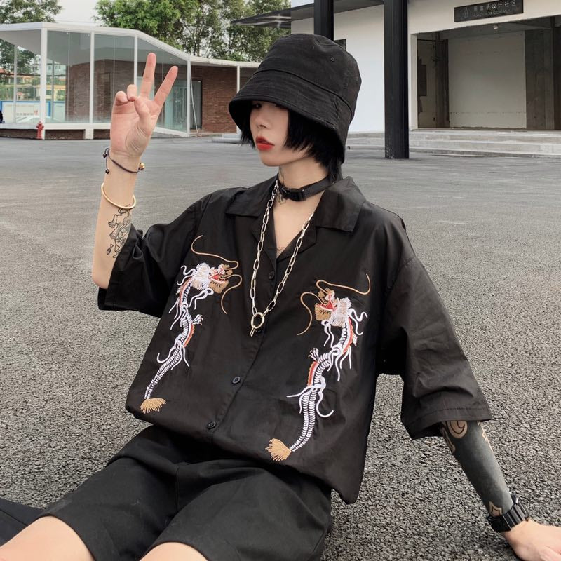 Dragon Embroidery Vintage Black Blouse Button Down Casual Loose Short Sleeve Tee Shirt T-shirt Top E-Girl Kawaii Korean Japanese Harajuku Streetwear