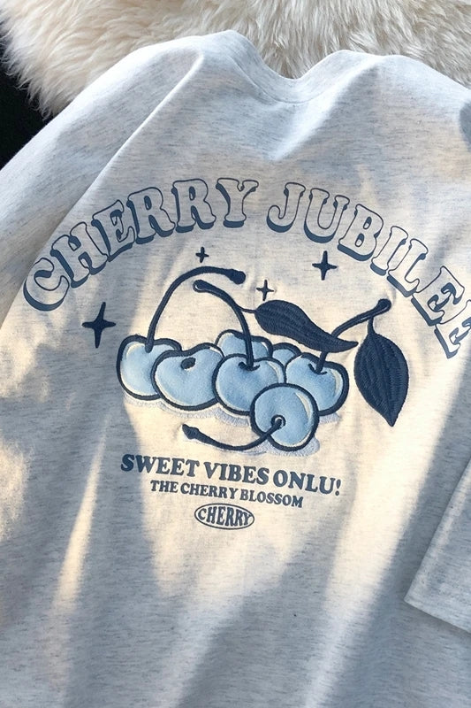 Cherry Embroidery Loose Short Sleeve T-shirt