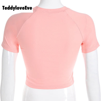 Cute Sensitive Pink Flower Embroidery Sexy Crop Top Short Sleeve Shirt Tee T-shirt Summer Casual E-Girl Kawaii Korean Japanese Harajuku Streetwear